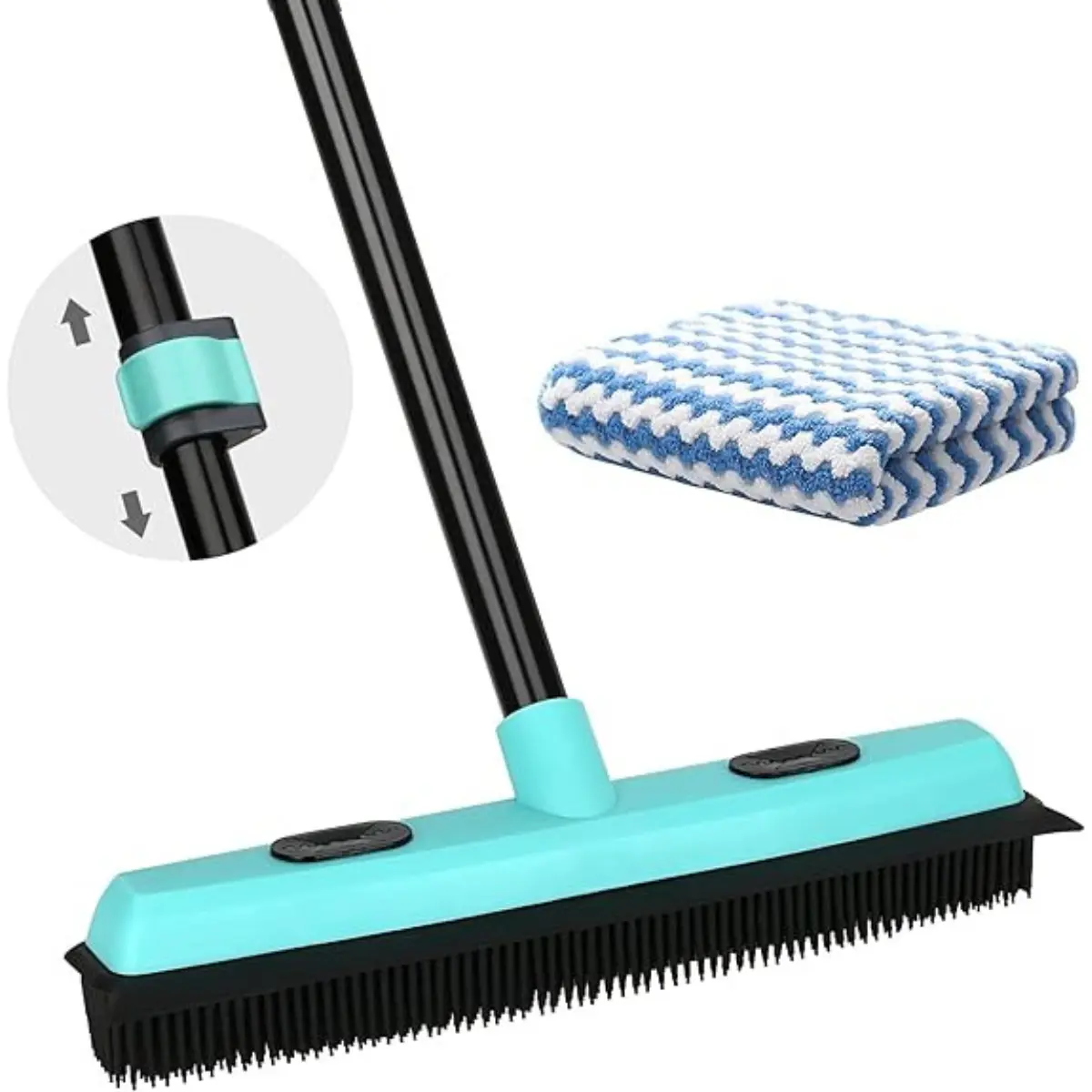 Remove pet hair easily with this rubber broom! It has a 59" telescoping handle and squeegee, perfect for carpets, hardwood, and tile. Clean up fast