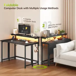 【Foldable Desk】31.5’‘ Foldable TV Dinner Tray Table with Monitor Stand,Gaming desk for Dorm & Apartment,Sturdy Folding Computer Desk with LED for Bedroom,Writing & Study Home-Office Desk with Hooks,Essential Items for Tiny Room,39.4''Wx18.9''Dx35''H,Black