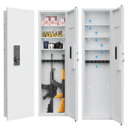 53" In-Wall Safe with Touch Panel, Hidden Wall Gun Safe for Rifles, Adjustable Shelves, Heavy-Duty Steel, Anti-Theft, Dual Alarm, White-Digital
