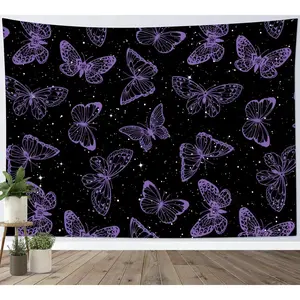 Purple butterfly-pattern tapestry, lightweight decorative wall decoration, dopamine art tapestry, suitable for living room, bedroom, university dormitory trippy room decor Hanging ，bedroom decorative accessories Black Pink