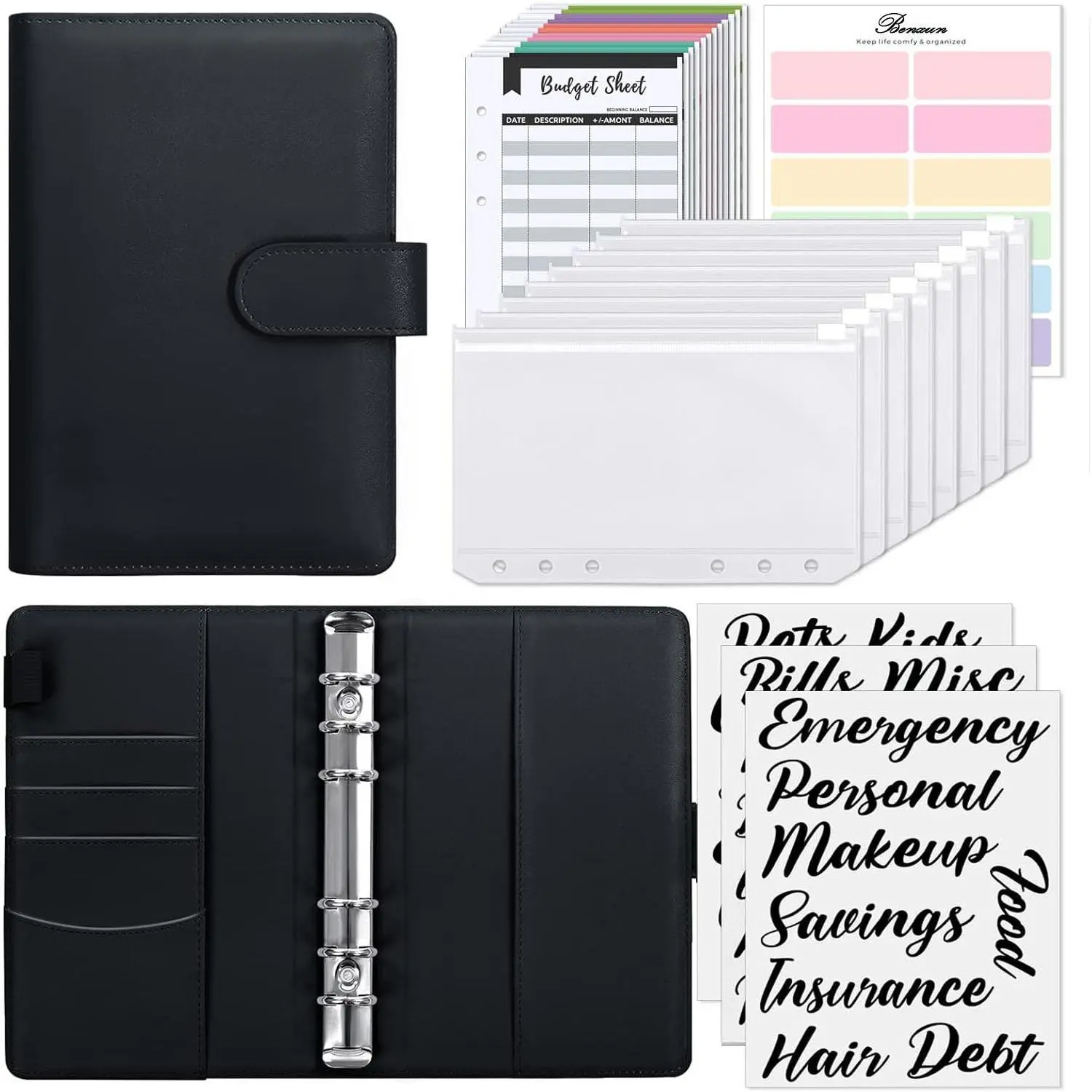 Budget Binder with Zipper Envelope, 1 Set A6 Monthly Budget Planner with Cash Envelope & Budget Sheets & Stickers, Stationery Supplies for Home School Office, Planner Notebook, Budget Financial Planner