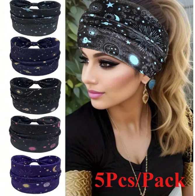 5Pcs Unisex Assorted Color Wide Headbands Accessory Kit - Bohemian Printed Sweat Workout Headbands for Women, Sports Running Hair Accessories, Sweat Headband