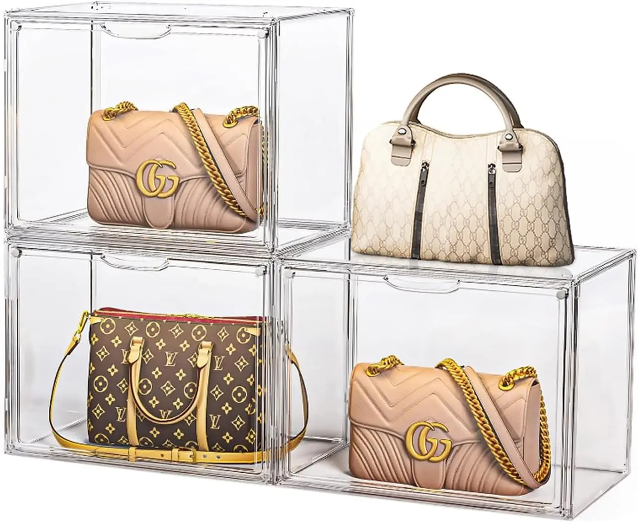 Clear Handbag Storage Organizer for Closet, 3 Packs Acrylic Display Case for Purse/Handbag, Plastic Storage Containers with Magnetic Door, Acrylic Box Organizers for Collectibles, Toys, Figures