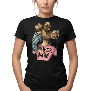 Womenswear Trendy graphic tees for women cute tops – ‘SUPER MOM’ oversized T-shirt, t shirts women's graphic tees, vintage graphic tees with mother and kids print, casual everyday comfortable style