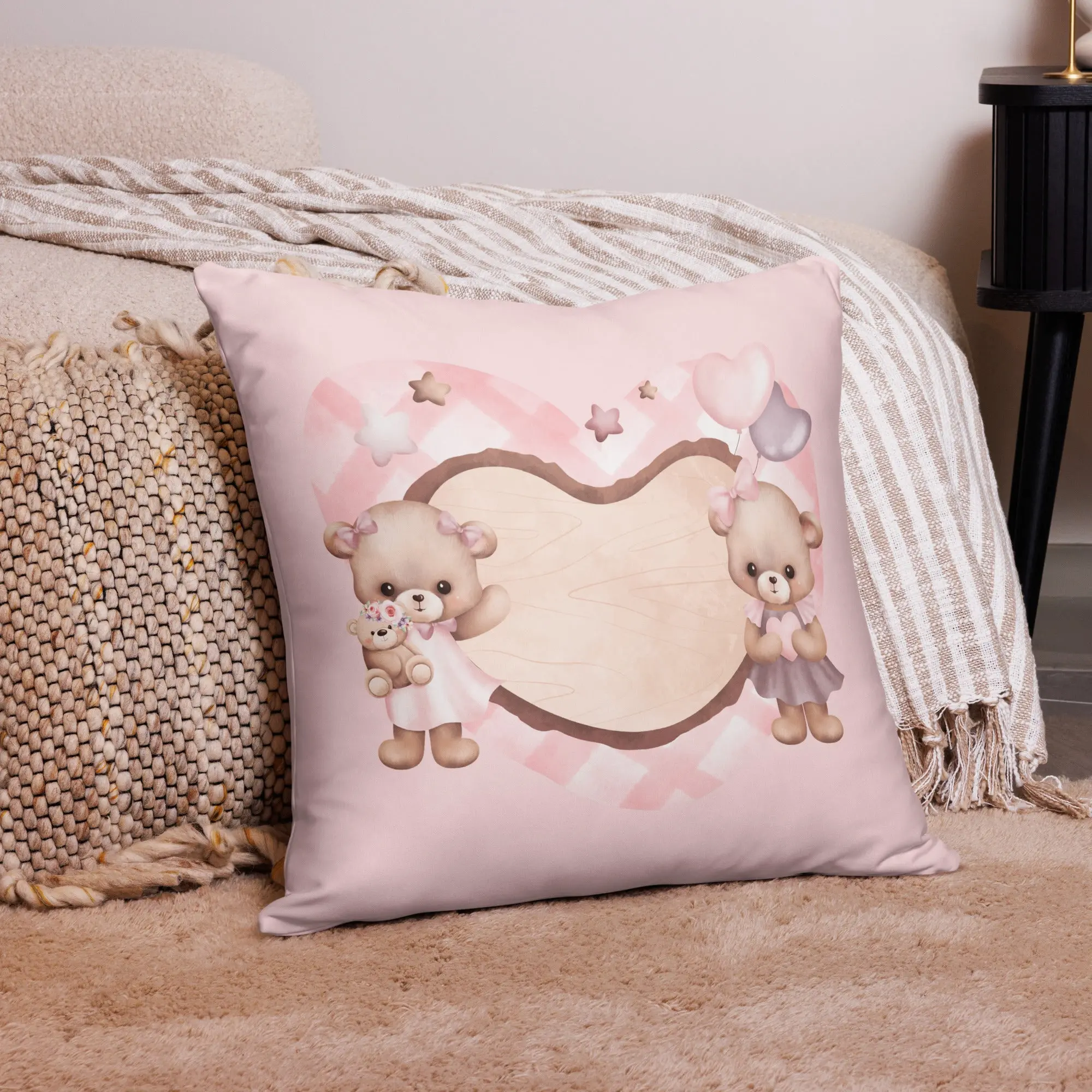 Pink Teddy Bear Heart Decorative Pillow • Baby Girl Nursery Cushion