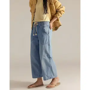 Women's Wide Leg Jeans Mid Rise Stretchy Straight Leg Baggy Drawstring Casual Denim Pants