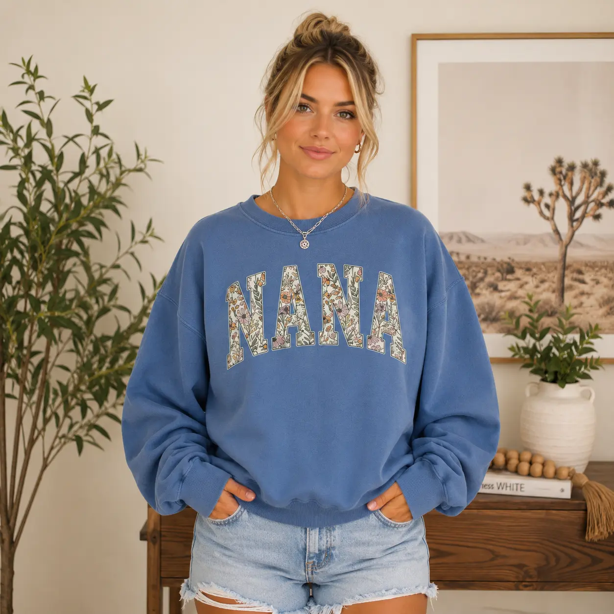 Custom Mama Sweatshirt Indigo Blue, Mothers Day Gift, Personalized Grandma Sweatshirt, Gigi Sweatshirt, Grammy Mimi Nonny Mommy Honey Shirt - WILLA MADE Cotton Crewneck