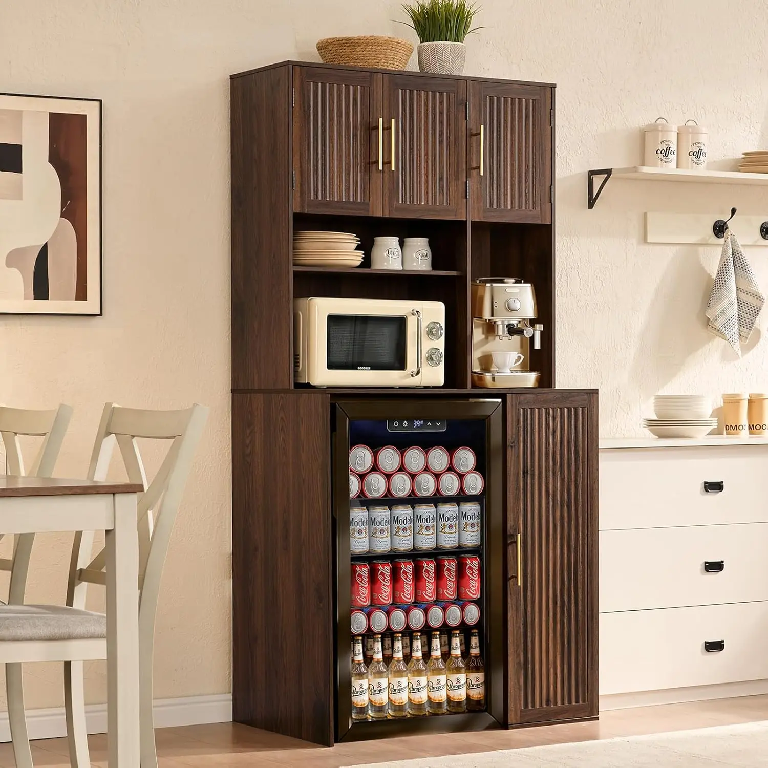PieDle Mini Fridge Cabinet with Storage & Power Outlets — 73" Tall Fluted Coffee Bar Cabinet with 5-Tier Shelves & Microwave Shelf for Kitchen, Dorm, Living Room, Dining Room