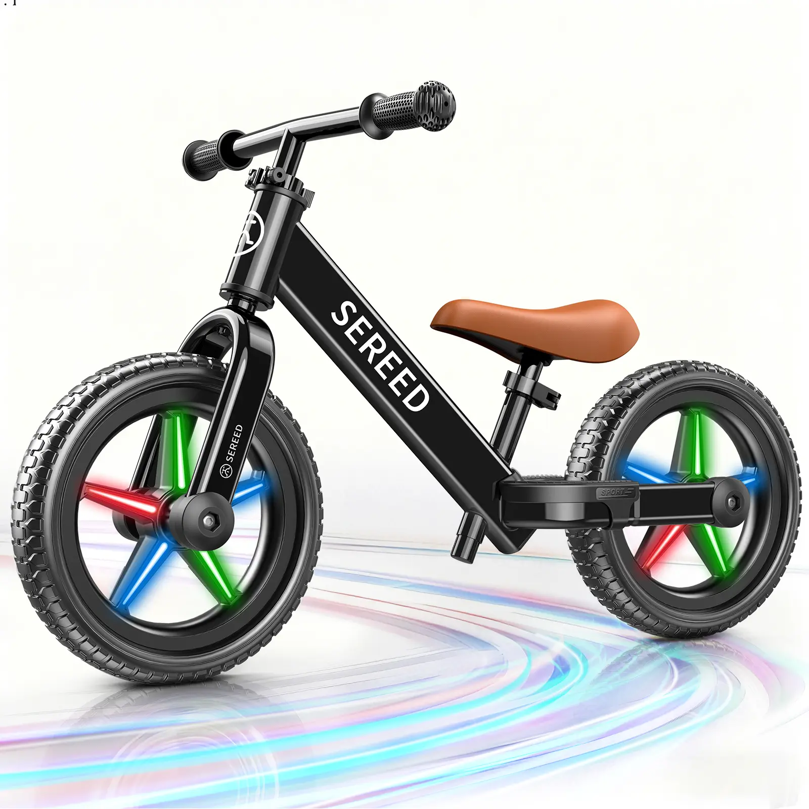 SEREED Unisex Balance Bicycle for 2-5 Year Olds - Carbon Steel Sereed Balance Bike, Pedal-Free Learning Glider Toy, Light-Up Wheels, Tool-Free Adjustment, Sticker-Customizable Panel, Puncture-Proof, 110 lbs Capacity Sports Birthday Gift