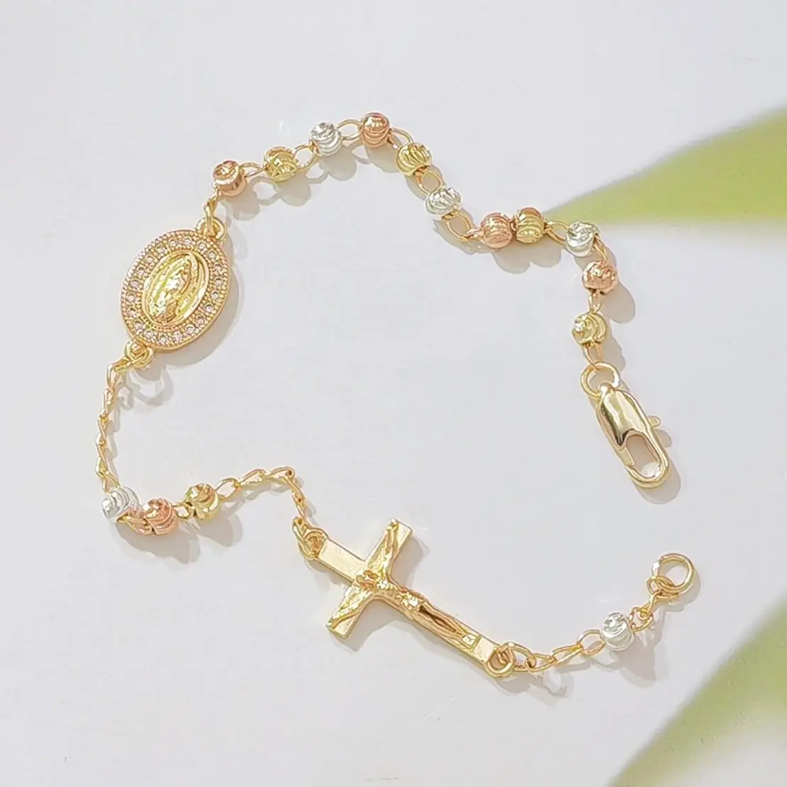 14K Gold Plated Tri-Color Rosary Bracelet for Women, Guadalupe Virgin Mary Medal & Crucifix Cross Charm, Adjustable Chain Catholic Religious Jewelry, Baptism/Confirmation Gifts