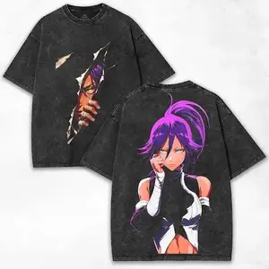 Shihouin Yoruichi x Bleach Flash Goddess Mode Heavy Cotton Washed Tee Limited Drop Retro Double-Sided Water Wash T-Shirt Vintage Heavyweight Crew Neck T-shirt