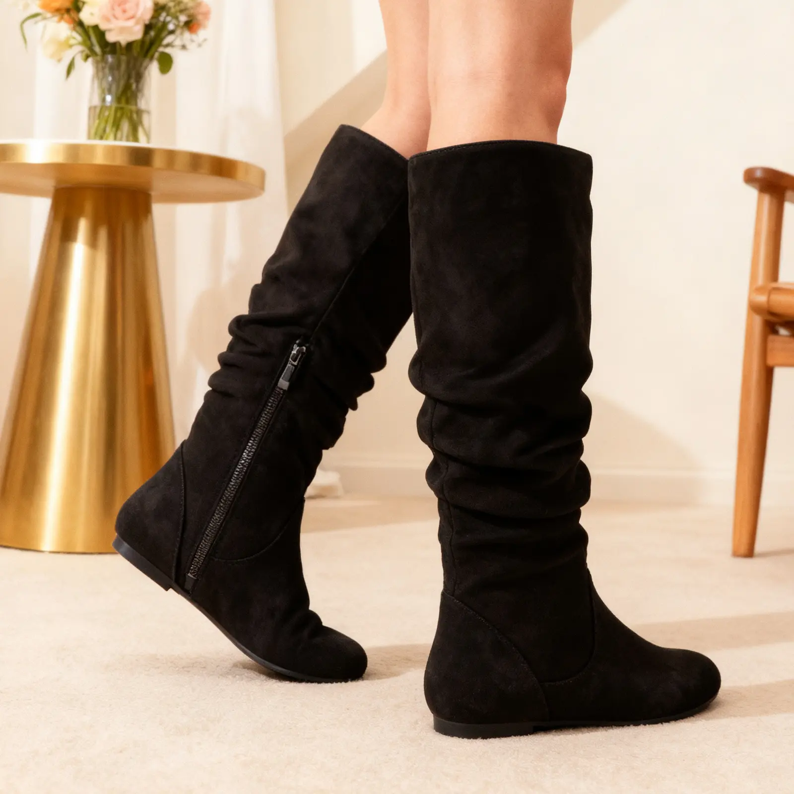 NO BRANDE Women's Extra Wide Calf Slouchy Knee High Faux Suede Boots - Casual Round Toe Flat Heel Shoes with Side Zipper, Synthetic-Fabric Upper, Slip Resistant Rubber Sole, Pull On, Quick On, Plain Cuban Footwear Fashion