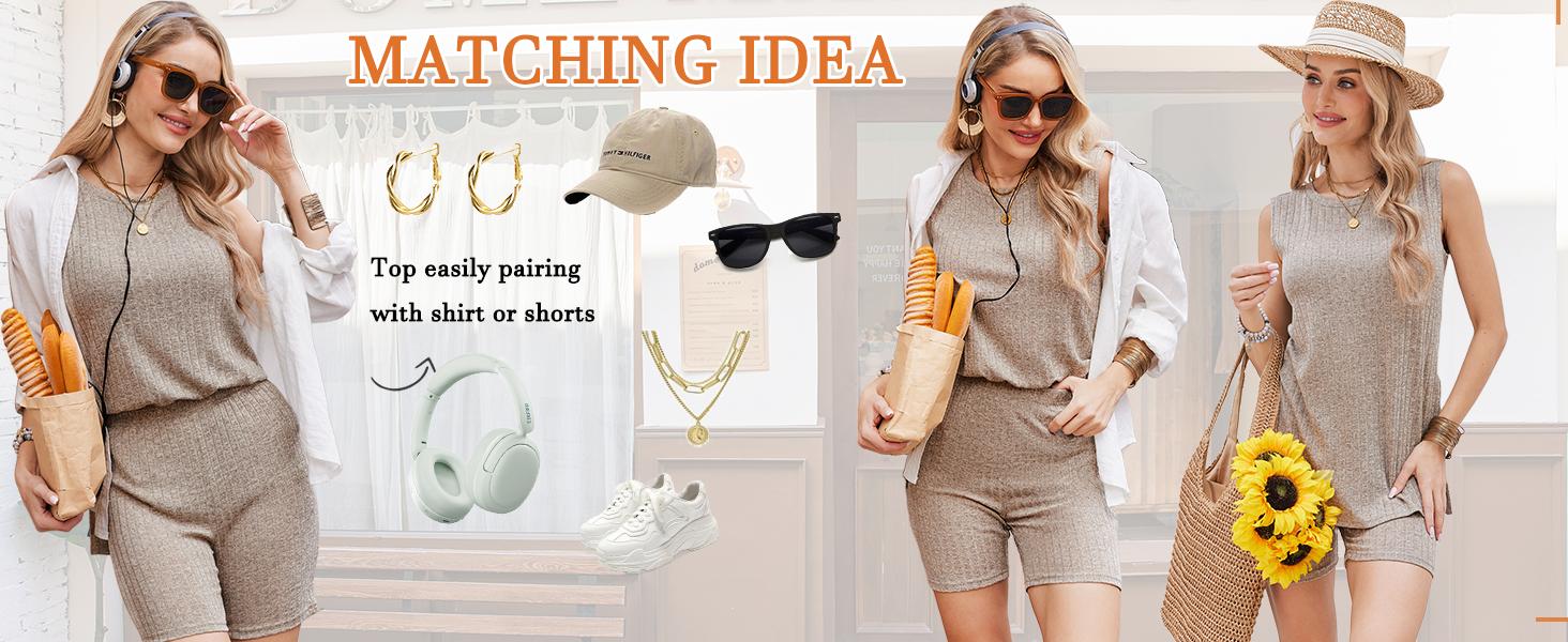 EKOUAER Spring Women's Clothing Sets Summer Striped Knitted Sleeveless Women's 2-Piece Set Cycling Shorts Casual Comfortable Set S-XXL