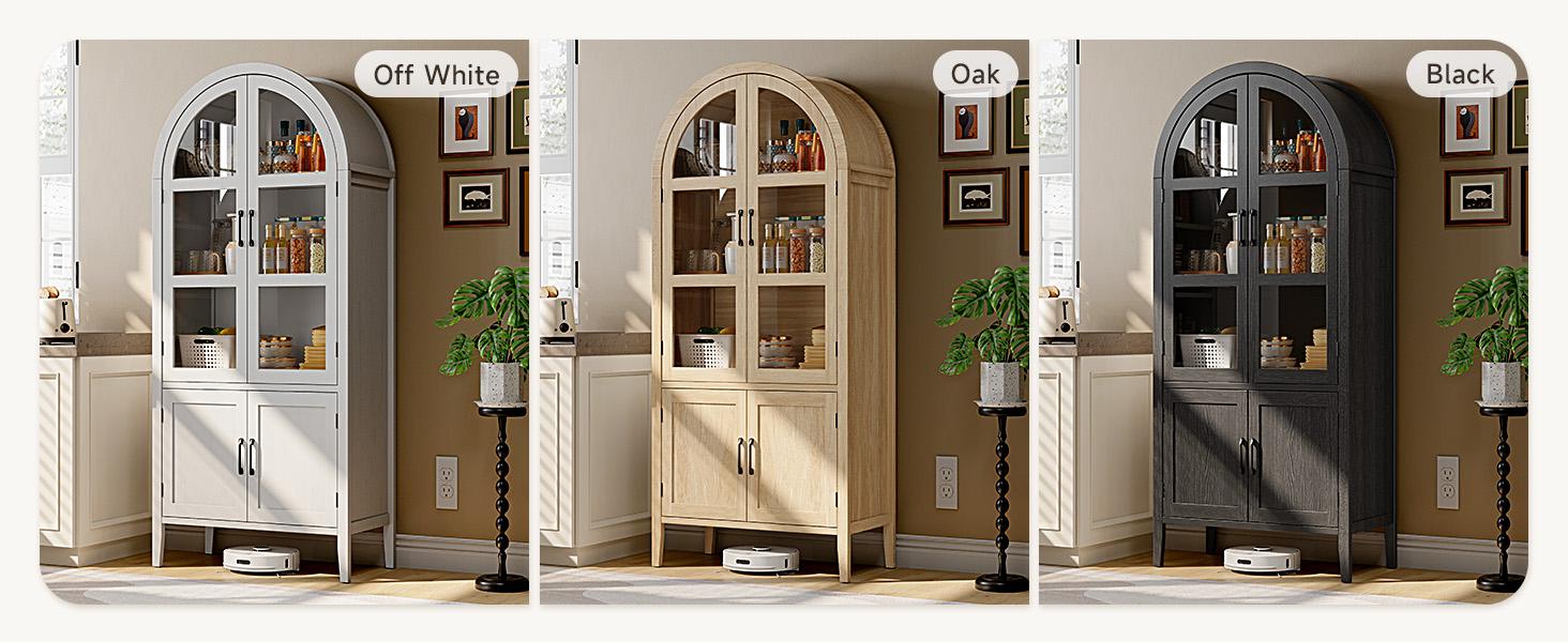 【SPRING GLOW UP】ONBRILL 71''Tall Arched Storage Display Cabinet, 5-Tier Kitchen Pantry With Glass Doors & Shelves