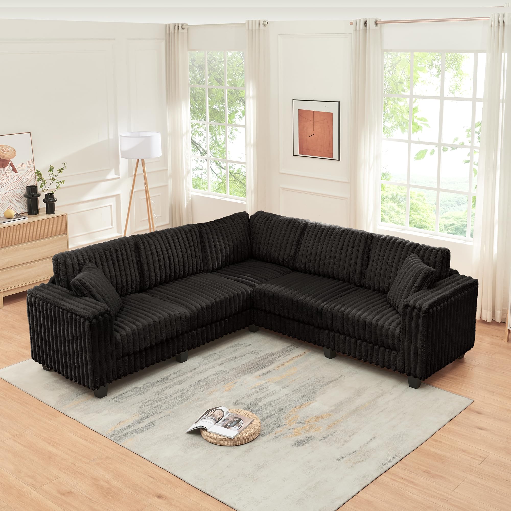 【2 Packages Shipping】Giratree 137" Plush Corduroy Cloud Velvet Modular Couch with Chaise, No Assembly Required L-V-U Shaped Sectional Sofa Set with Flexible Configuration