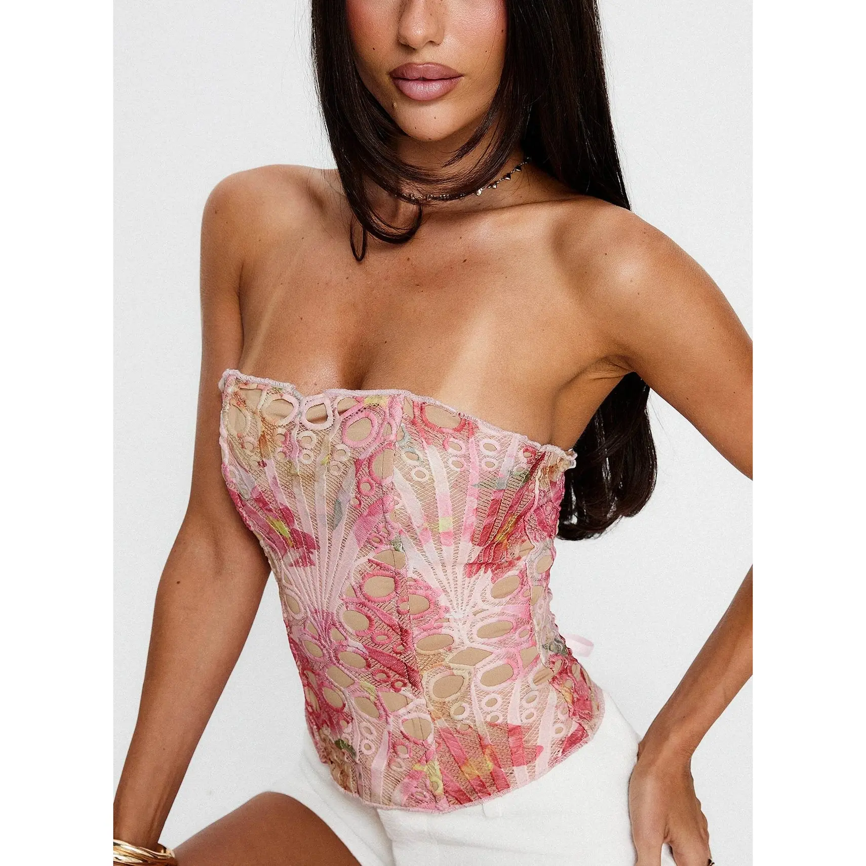 Raynelle Strapless Tie Back Corset Top Pink Multi
