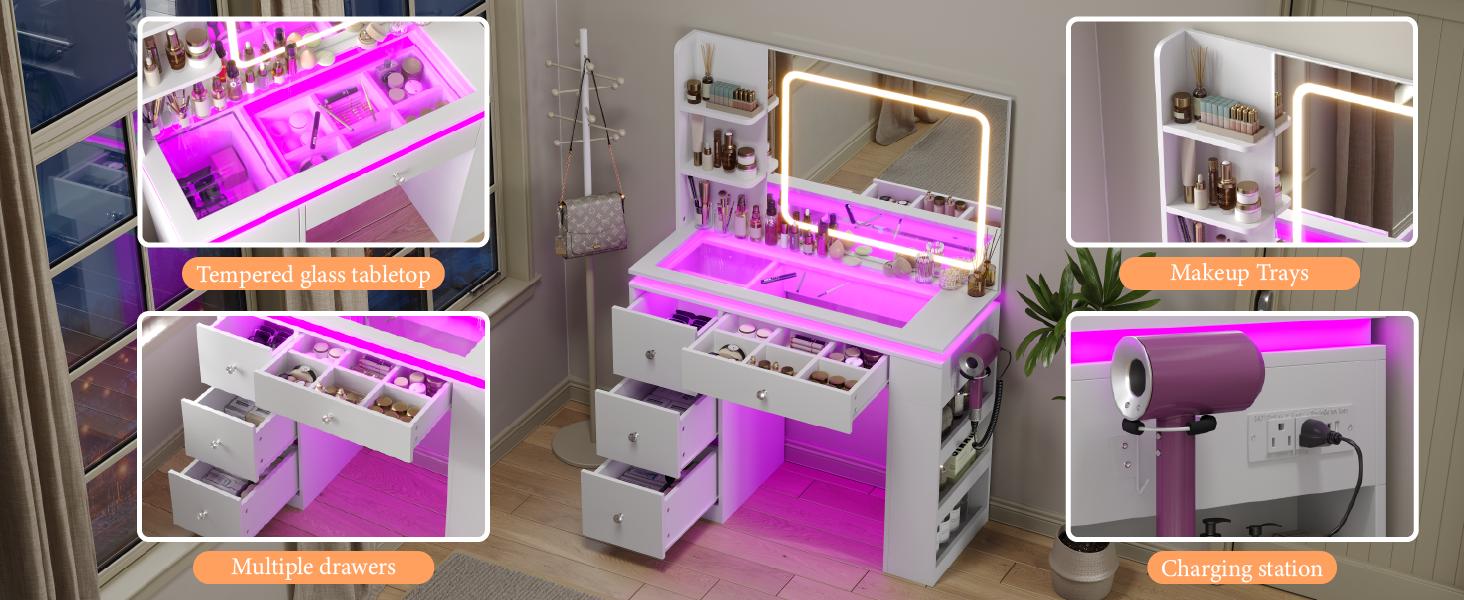 CollaredEagle Illuminated Makeup Vanity Desk - Stylish, Adjustable Vanity Set with LED Lights, Storage Drawers, Charging Station for Bathroom, Bedroom (White Finish)