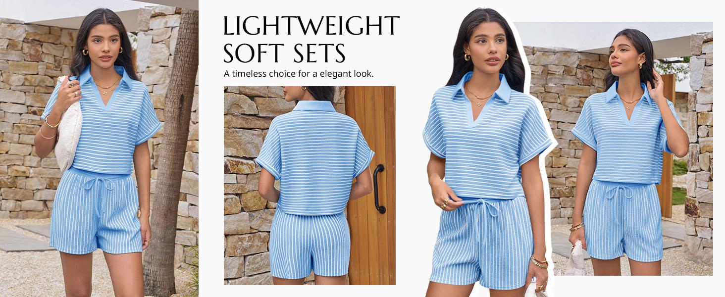 Cicy Bell Womens Striped 2 Piece Short Sets Summer Short Sleeve Collared V Neck Cropped Tops Vacation Casual Lounge Outfits