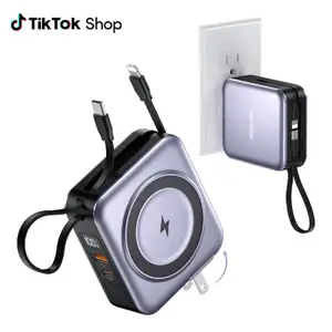 6-in-1 Magnetic Portable Charger 10000mAh – 22.5W Fast Charging with AC Wall Plug Built-in USB-C & Lightning Cables for iPhone 17/16/15/14/13/12, Android & Samsung ​(Silver Gray)