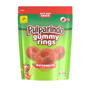 De la Rosa Pulparindo gummy candies with watermelon and chili flavor, in the shape of rings.