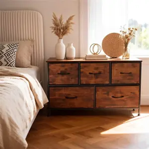 5-Drawer Wide Fabric Dresser | Rustic Brown Storage Organizer for Bedroom Closet Living Room | Large Chest of Drawers with Wood Top | Easy Assembly Foldable Fabric Bins