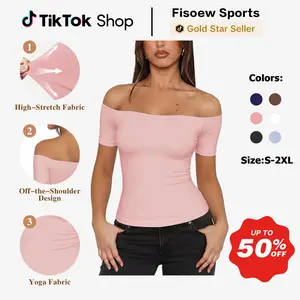 Fisoew Sports  2026 Summer Spring Women's Off-Shoulder Yoga Short-Sleeve T-shirt, High Elasticity, Solid Color, Slim Fit Basic Style, suitable for home, parties, commuting, travel, SpringStatements