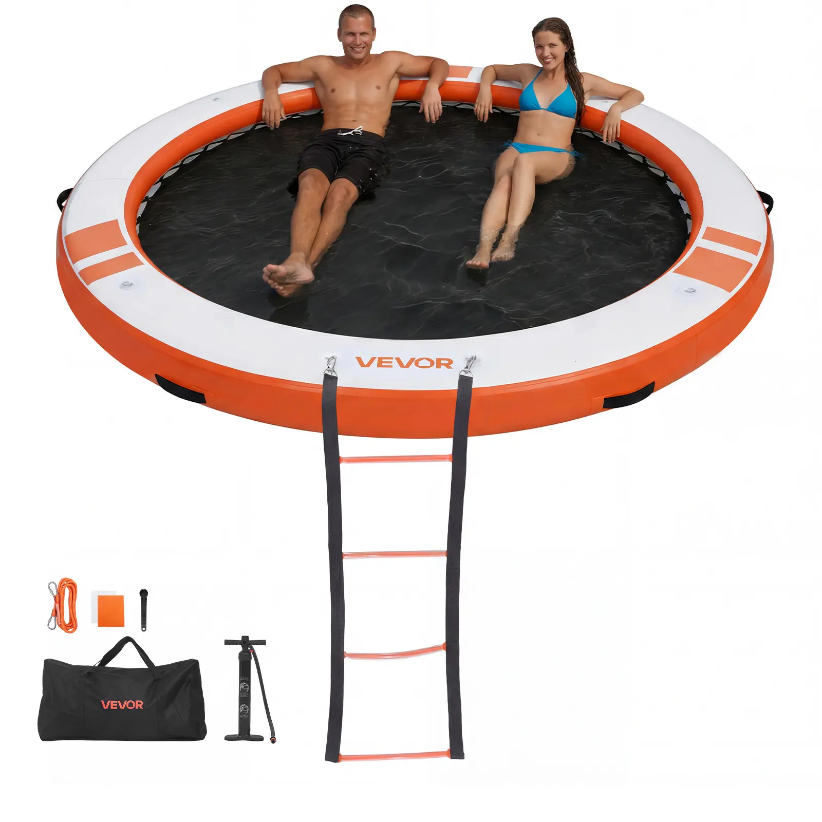 VEVOR 10 FT Nylon Inflatable Floating Dock Platform Pool Float Lounge, Quick-Inflate Non-Slip Polyvinyl Chloride Mesh Water Mat with Manual Pump, High-Pressure Locking Valve, 2700 G/㎡/m² Fabric, Portable Bag, Detachable Ladder for Outdoor Recreation