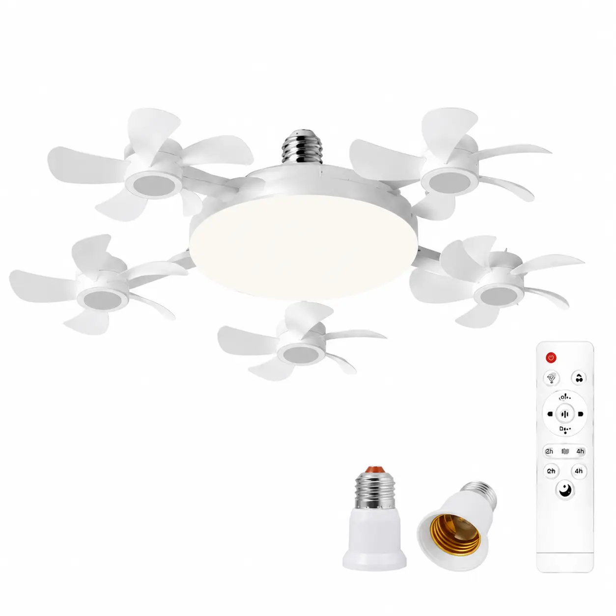 E27 5-Head LED Ceiling Fan Light, 80W Dimmable 3-Color Lamp, 3 Fan Speeds, Remote Control, Timer Function for Bedroom, Living Room