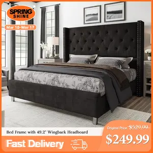 AMERLIFE Bed Frame with 49.2" Wingback Headboard, Upholstered Velvet Bed with Tufted Diamond Button/No Box Spring Needed/Easy Assembly/Christmas Gift