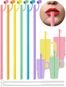 NiHome 6PCS Reusable Anti-Wrinkle Straw Set Fit for Stanley Tumblers, Adjustable Length Silicone Drinking Straws with Silicone Tips Fit for 14oz 20oz 30oz 40oz, Protective Caps & Brushes
