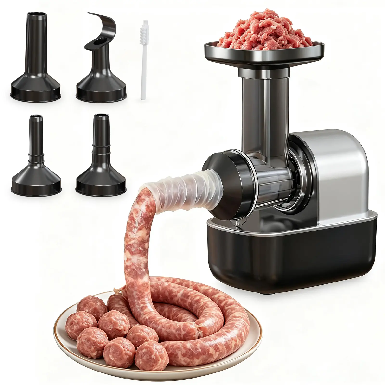 Automatic Electric Sausage Stuffer Machine - Stainless Steel Meat Stuffing Tubes (3 Pcs), Meatball Attachment, Easy Clean Homemade Sausage Maker for Beef, Chicken