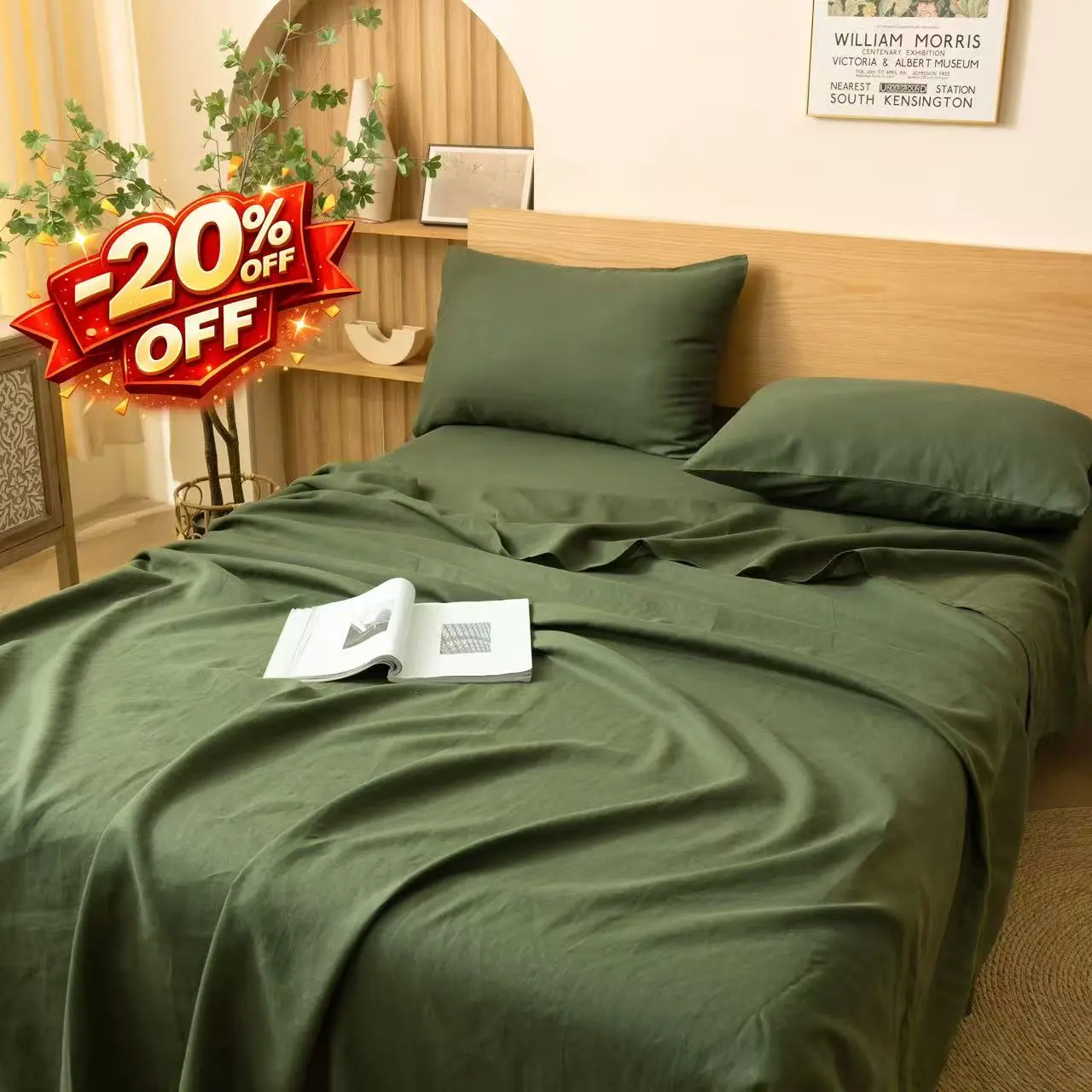 PUREFIBER 100% Natural Linen Olive Flat Sheet - Soft, Breathable, Durable Bedding for Hot-Sleeper Cool Comfortable Sleep