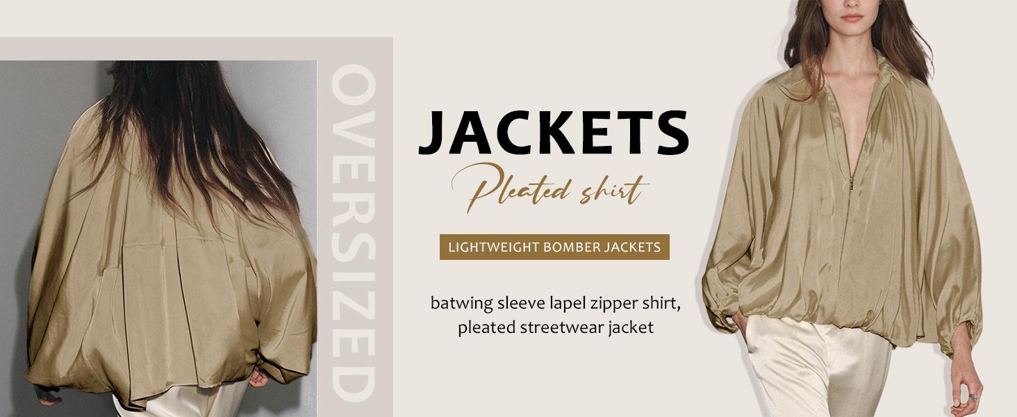 Hixiaohe Womens Puffed Bomber Jacket Casual Batwing Sleeve Lapel Collar Zip Shirts Oversized Pleated Streetwear Jackets