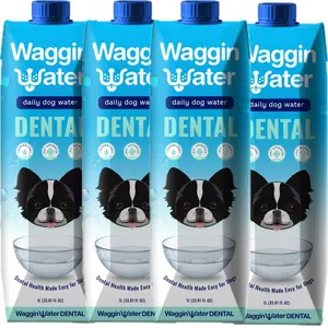 Waggin Water Dental Supplement-Infused Water for Dogs - Flavorless 1L TetraPak 4-PACK - Supports Dental Health & Fresh Breath