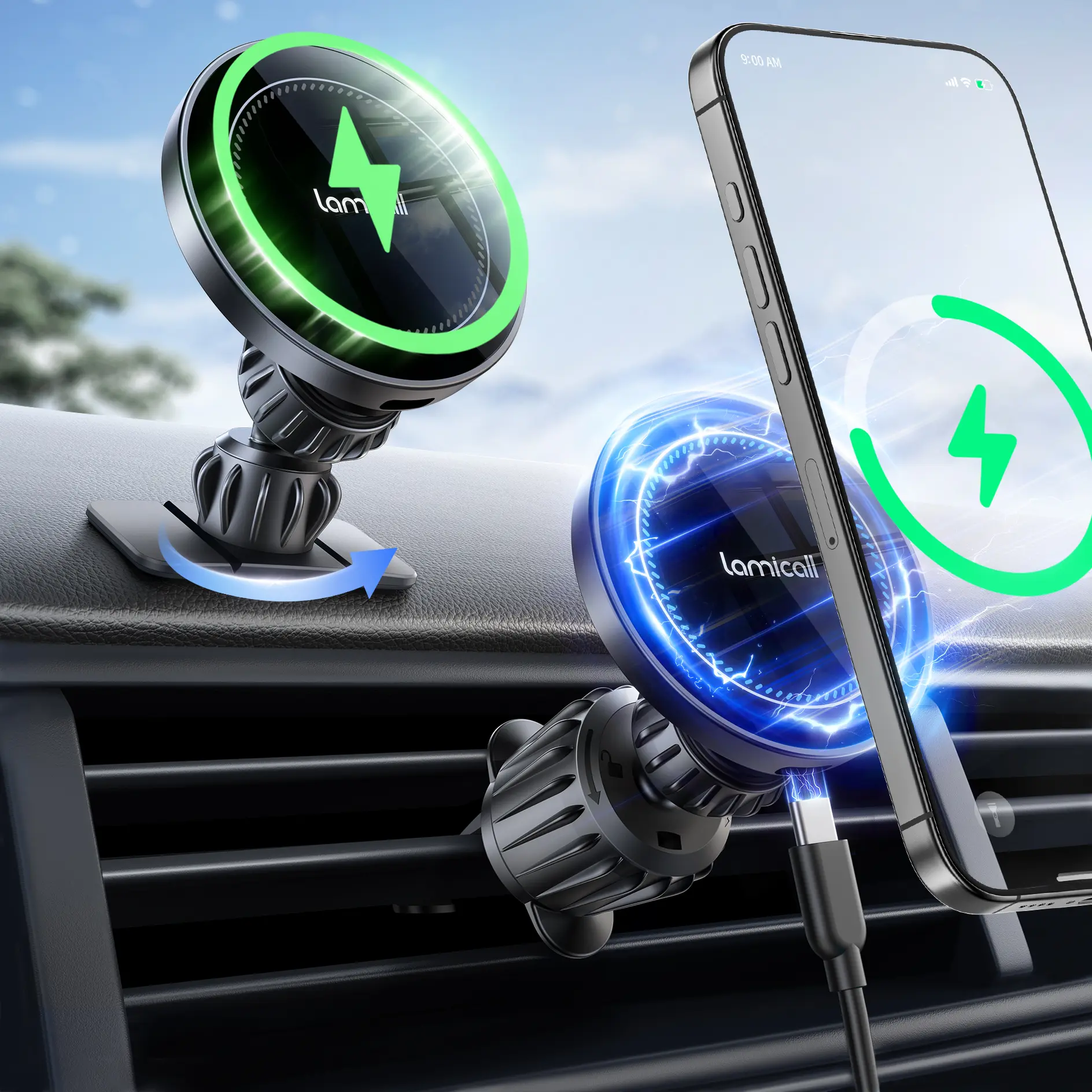 Lamicall 15W MagSafe Magnetic Charging Design Wireless Car Charger Mount - 2-in-1 Vent Clip & Dashboard Adhesive, High Speed Charger, Adjustable Holder, Auto Accessories Interior for iPhone 16/15 Pro Max,back to school