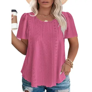 [Flash Sale] Plus Size Tops for Women Summer Trendy Eyelet Puff Short Sleeve T Shirts Casual Crewneck Solid Color Tunics XL-5XL RPS2145