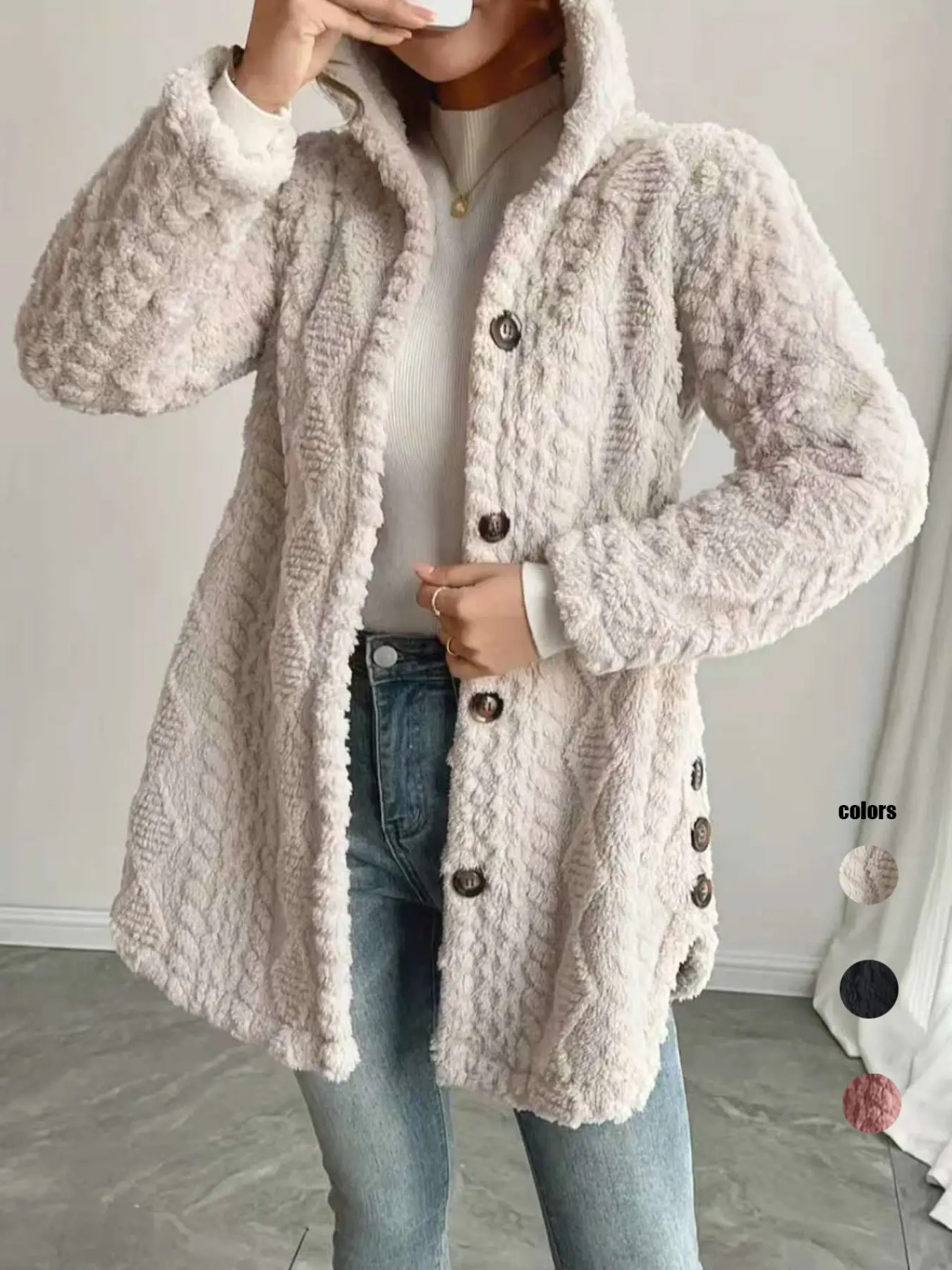 Women's Fall Winter Warm Fashion Hooded Oversized Woven Button Cardigan Knitwear Long Sleeve Fitted Outerwear Tops, Casual Plain Design, Suitable for Daily, Campus, Leisure Gatherings, Womenswear