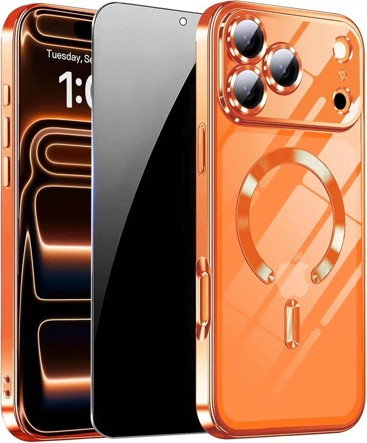 Magnetic for iPhone 17 Pro Max Case with Privacy Screen Protector & Full Camera Cover,[Non-Yellowing] Shockproof Clear Phone Case Compatible with MagSafe Women Girls for iPhone 17 ProMax,Orange