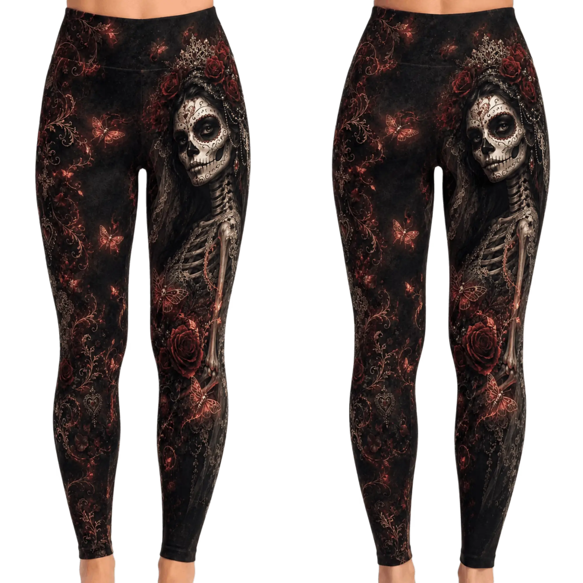Gothic Skull Standard & Flare Leggings - Dark Rose Floral Skeleton Print High Waist Stretch Pants, Alternative Halloween Workout Yoga Leggings for Women