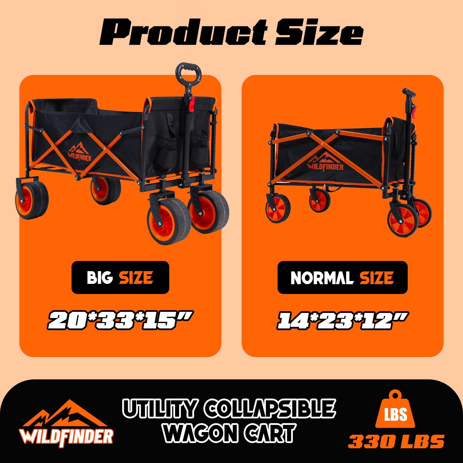 Wagons Carts Foldable, 330 Lbs with Adjustable Handle, Black and orange Lightweight Portable, Collapsible Wagon for Camping, Shopping, Sports, Travel, Garage and Gardening Storage with Drink Holders
