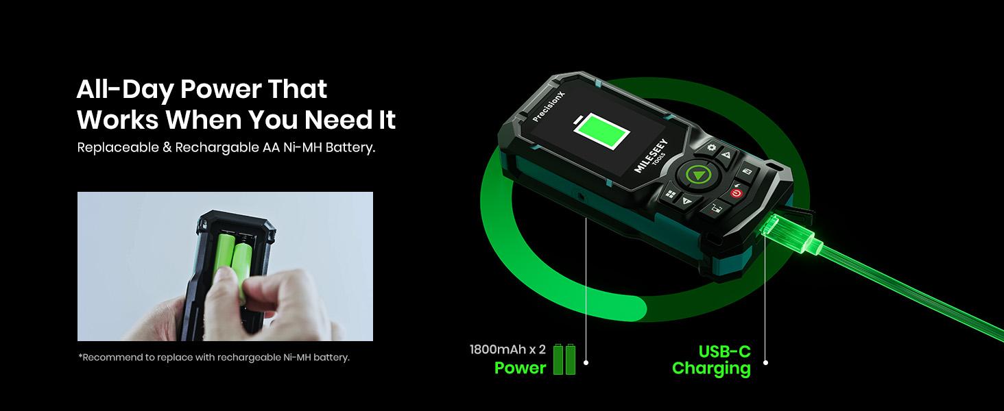 MILESEEY S50 Green-Beam Laser Distance Measure - 400ft Laser Measure, P2P, Side-Laser Alignment, Rechargeable, 2.4" IPS Backlit Display, Area/Volume Measurement, 8 Units, Indoor&Outdoor,Bluetooth app