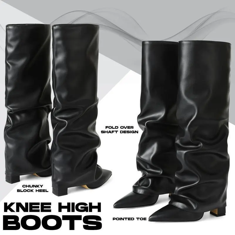 Fold Over Boots for Women Knee High Boots Block High Heel Almond Pointed Toe Boots Pull-on Wide Calf Summer Boots For Women