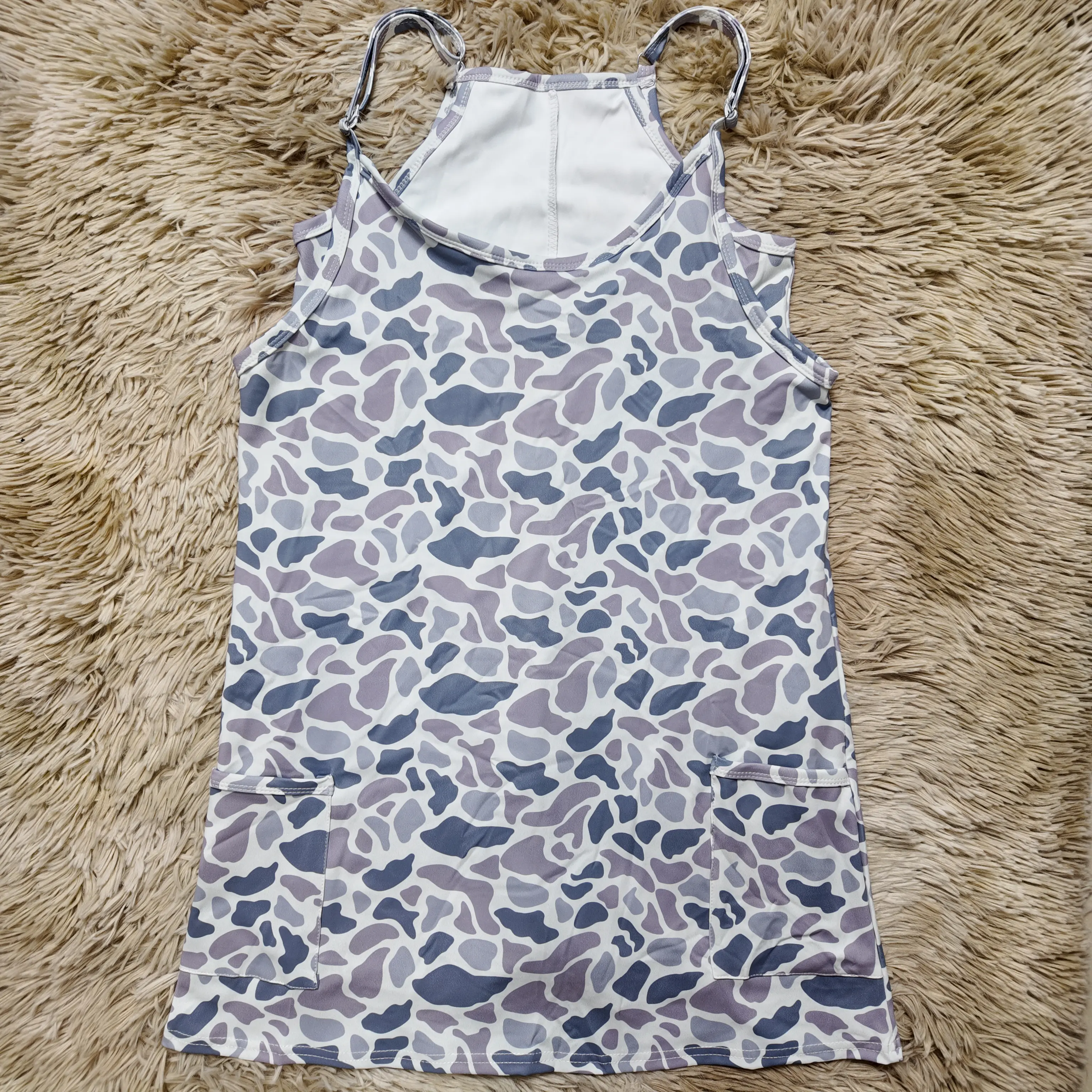 Women's Gray Camouflage Printed Sleeveless Athletic Dress with Built-in Shorts - Summer Workout Dress for Sports, Outdoor Activities, Workout Athletic Dresses