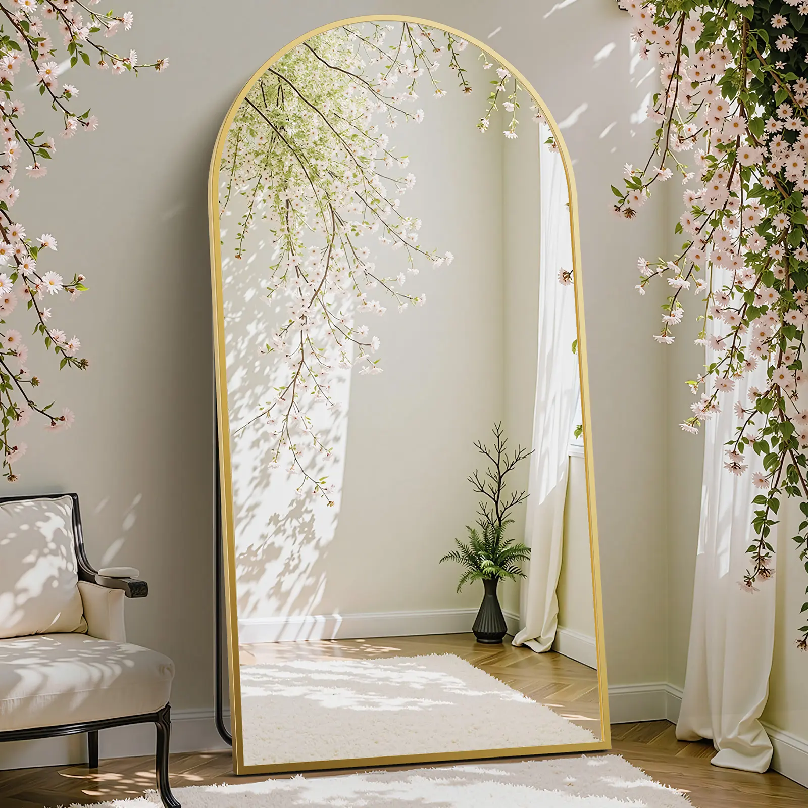 Sweetcrispy Elegant Life-Size Glass Floor Mirror - Aluminum Alloy Thin Frame, Hanging/Leaning Wall Mirror with Stand for Home Aesthetic Room Decor, Accent Mirror, Interior Mirror