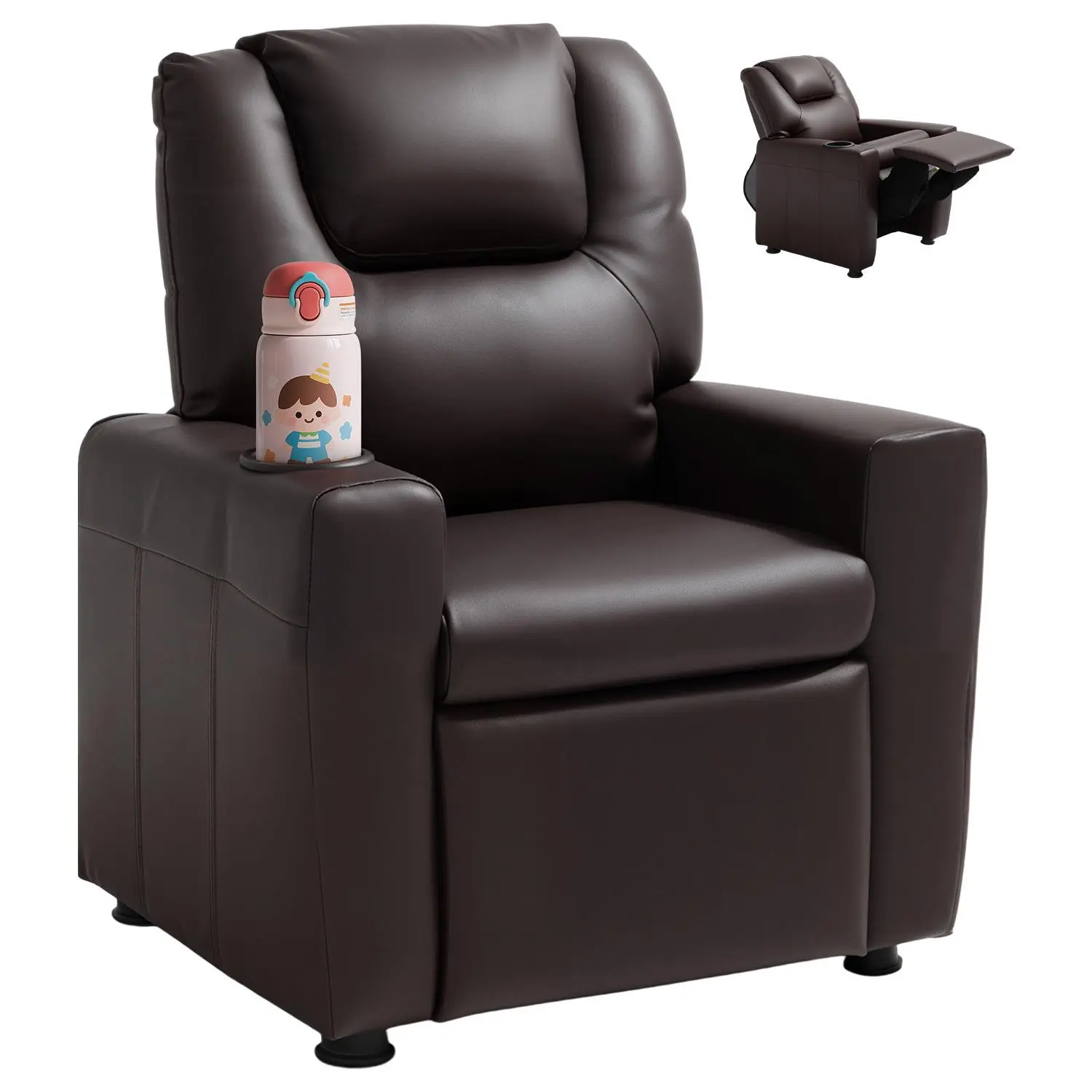 VEVOR Kids Reclining Chair,  , Toddler Recliner with Cup Holder, 101° to 121° Adjustable Backrest, Easy-to-Clean PU Leather Recliner Couch with Footrest, 90 lbs Load, for Boys & Girls, Children (Brown)#BackToSchool