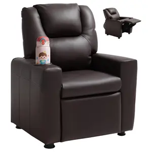 VEVOR Kids Reclining Chair,  , Toddler Recliner with Cup Holder, 101° to 121° Adjustable Backrest, Easy-to-Clean PU Leather Recliner Couch with Footrest, 90 lbs Load, for Boys & Girls, Children (Brown)
