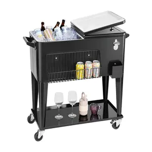 80 Quart Rolling Ice Chest Beverage Cooler Cart For Parties, Holds Up To 50 Bottles Or 110 Cans, Portable Patio Bar With Bottom Shelf, Side Basket, Bottle Opener, Wheels, And Black Finish