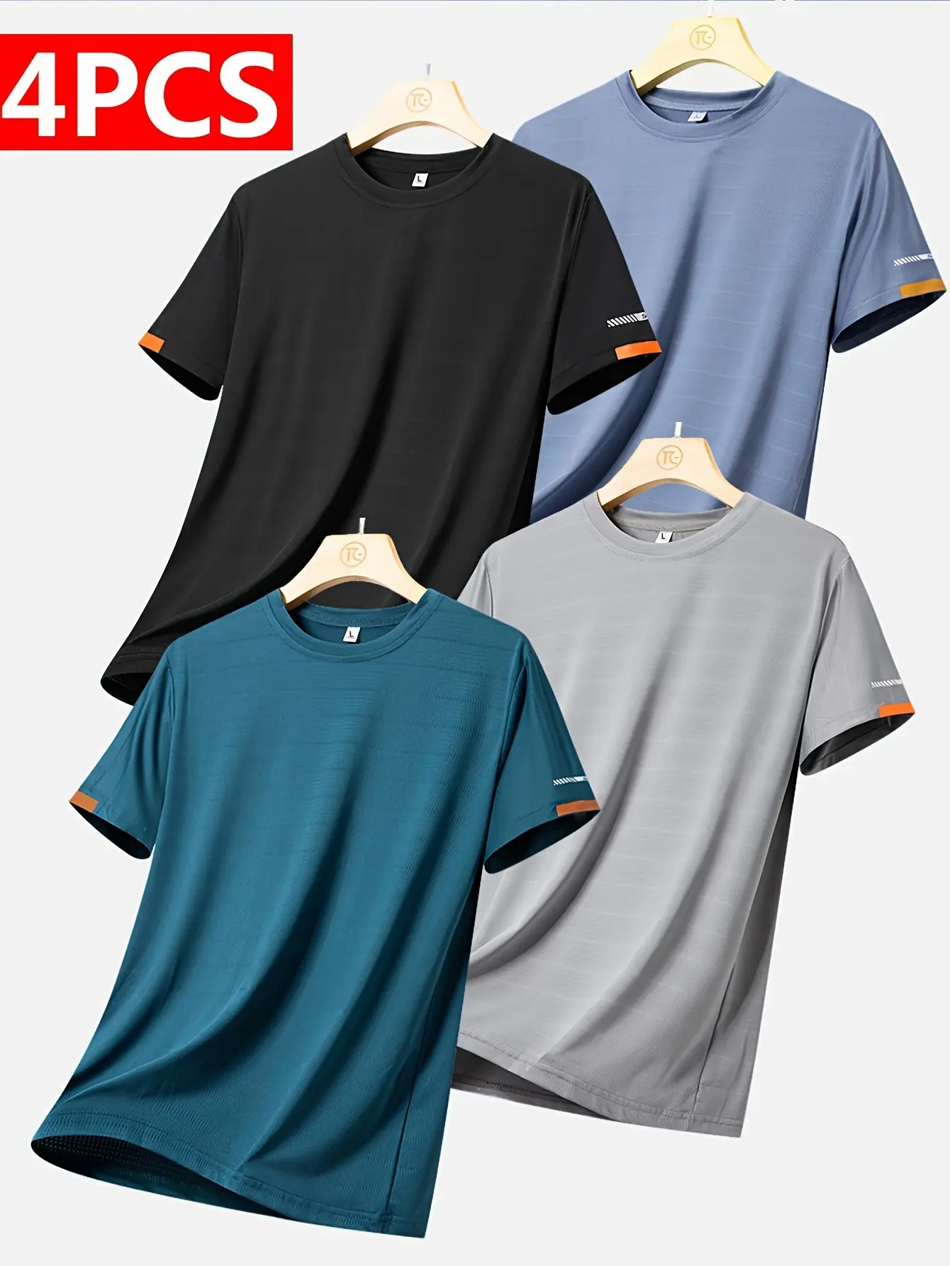 Pack of 4 crew-neck printed T-shirts for men, casual athletic short sleeves, breathable stretchy fabric, suitable for summer wear