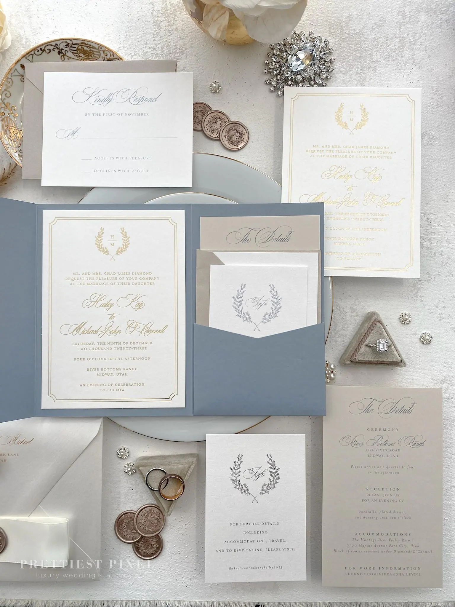 Luxury Dusty Blue Pocket Wedding Invitation |  Style 225