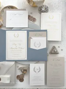 Luxury Dusty Blue Pocket Wedding Invitation |  Style 225